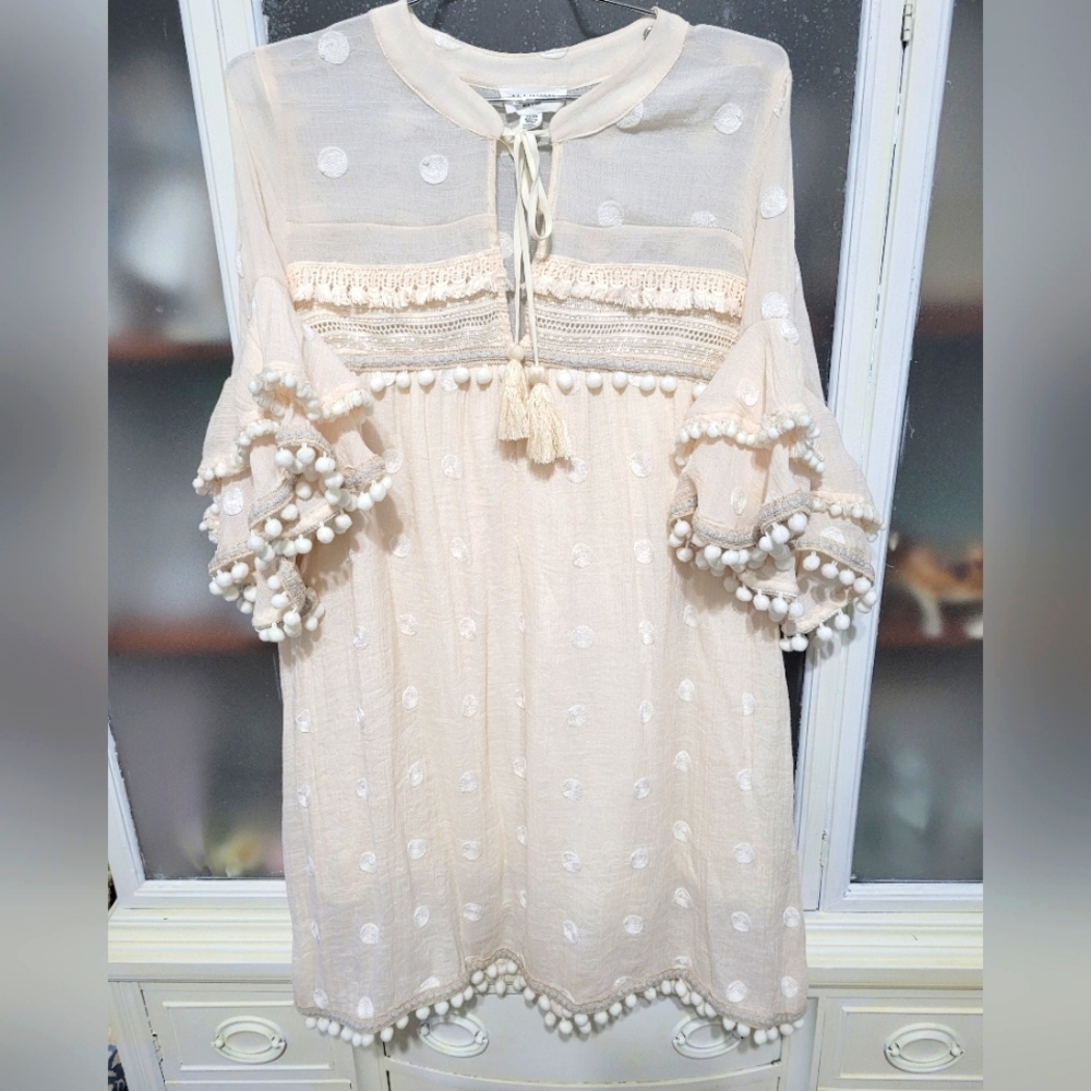 Allison New York Boho Tunic Dress Pom Pom polka dots tassels and Trim - Picture 2 of 15